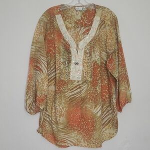 Tunic Top Boho Animal Print Embroidery V Neck Long Loose Sleeve Relaxed Colorful
